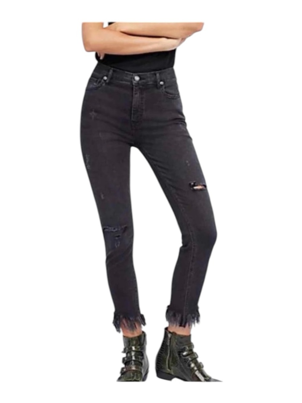 Free People Great Heights Frayed Skinny Jeans Distressed Cropped Black- -size 27